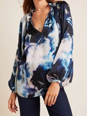 Anthropologie | Love Sam - Claudia Peasant Blouse 100% Viscose -Watercolor Print